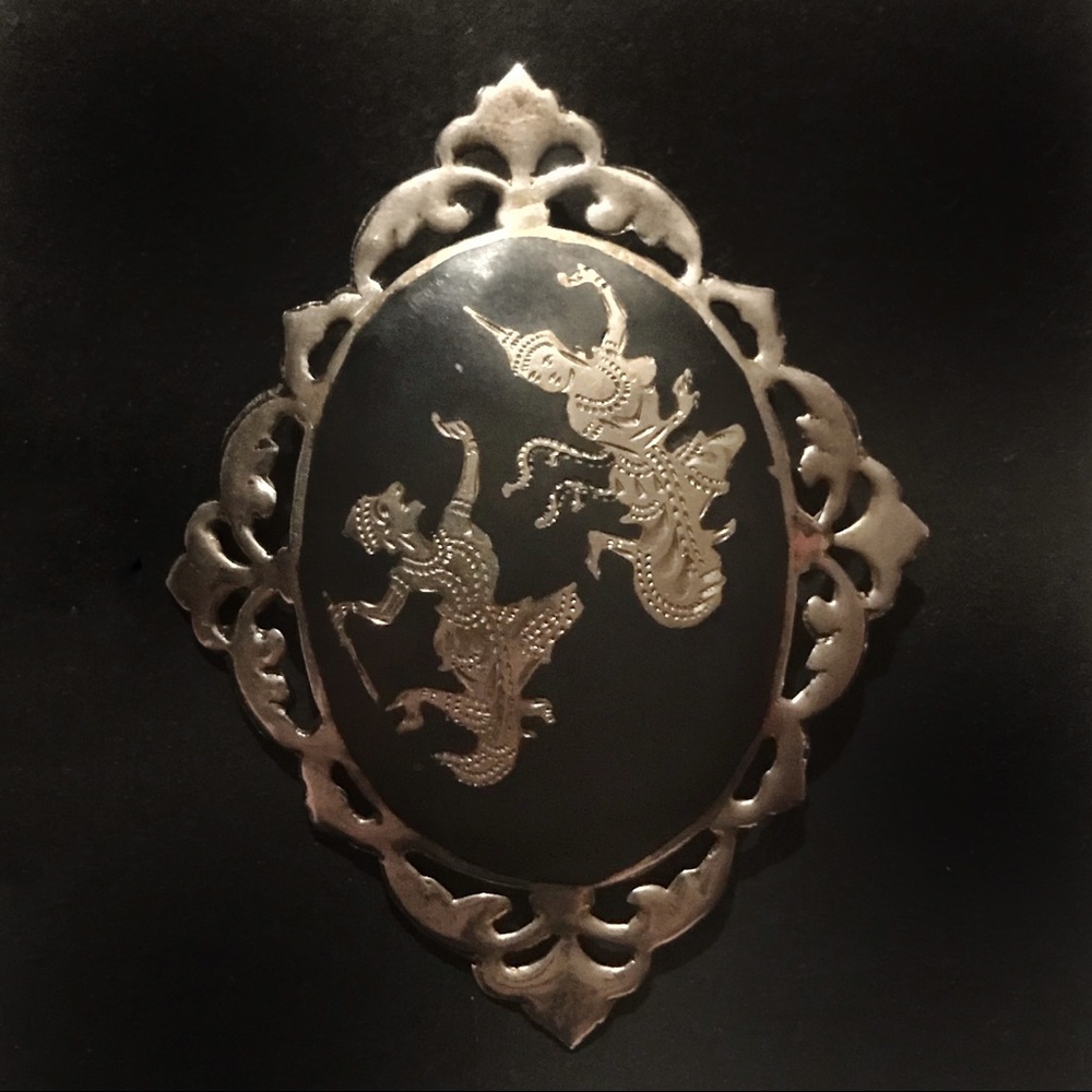 Vintage Siam Niello Silver Dancers Brooch